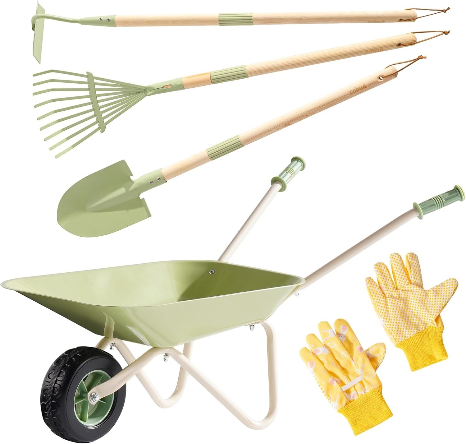 ROBUD Kids Wheelbarrow Set, Green Metal Toddler Wheelbarrow with Shovel, Hoe,…