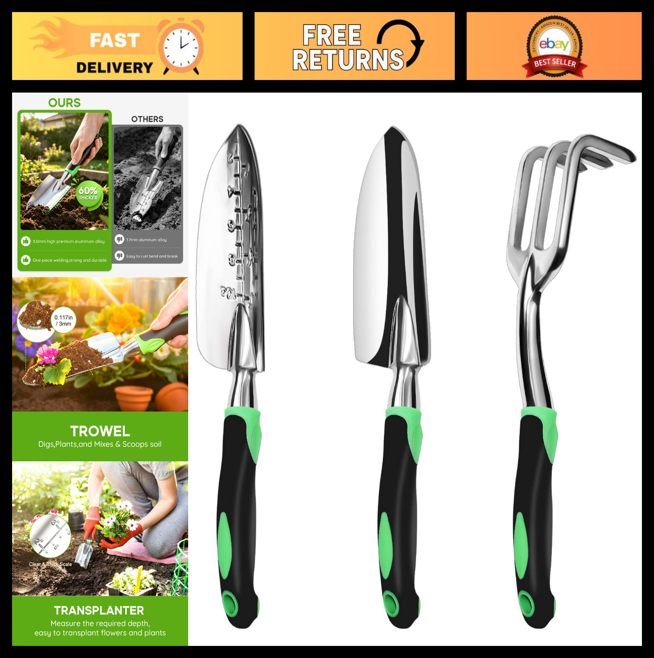 Heavy Duty Garden Tool Set – 3 Pack Aluminum Kit with Trowel & Rake, Ergonomic H
