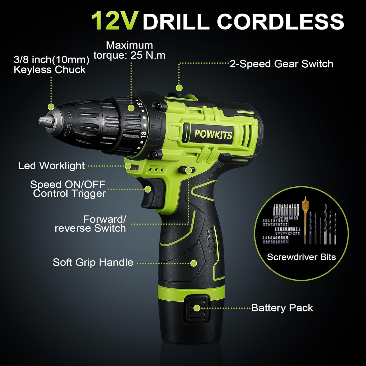 12V Cordless Drill Kit with Battery Charger 25+1 Torque 2-Speed