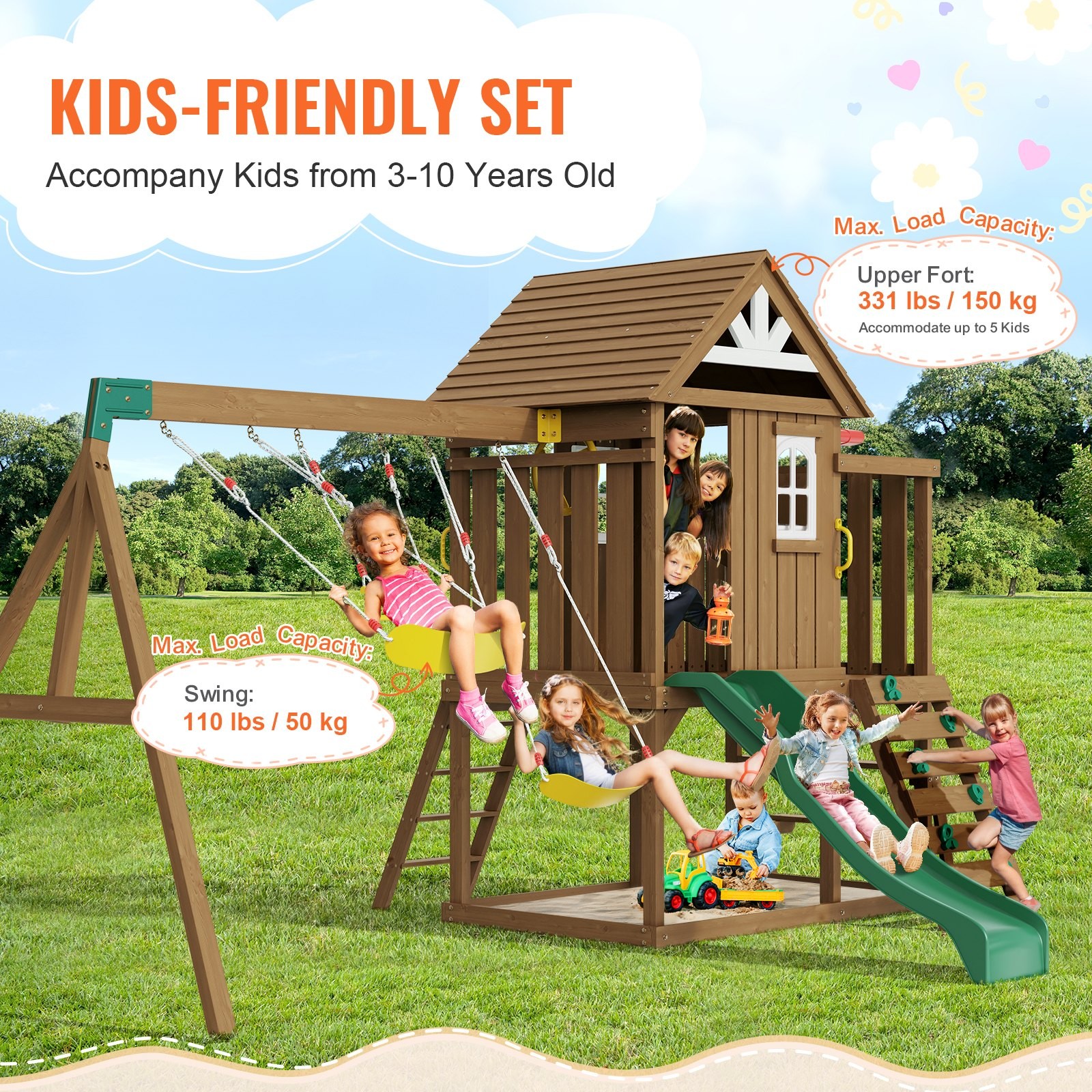Wooden Swing Set,9 IN 1 Outdoor Playground Sets for Backyards,2 Swings,Trapeze B