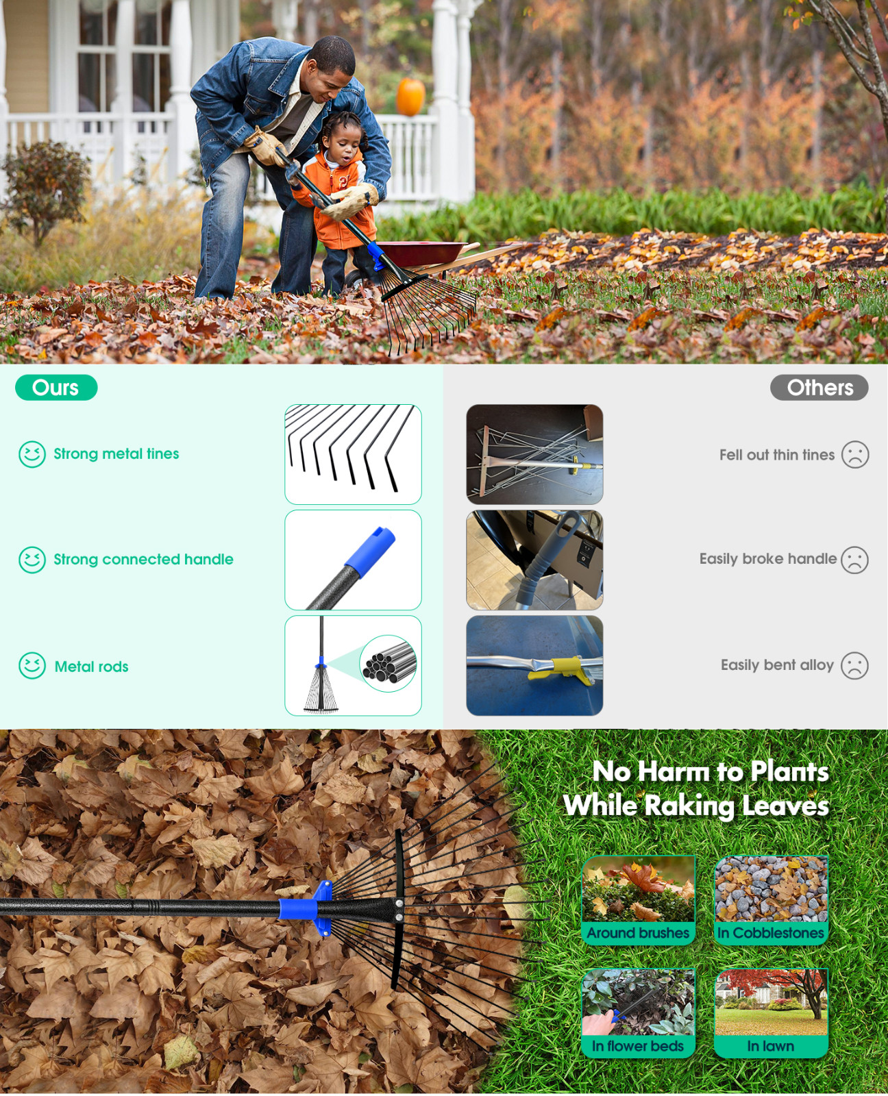 Rake for Yard Lawn Shrub tree Leaves 18 Metal Tine 9″~17″ W x 60~82″ Long handle
