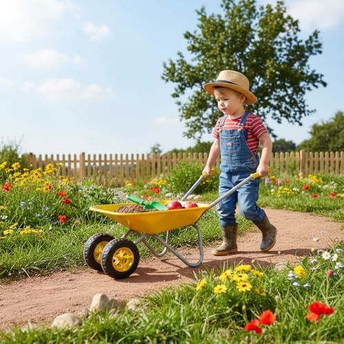 Kids Gardening Tool Set Wheelbarrow,2 Wheel Toddler Children Metal Yellow