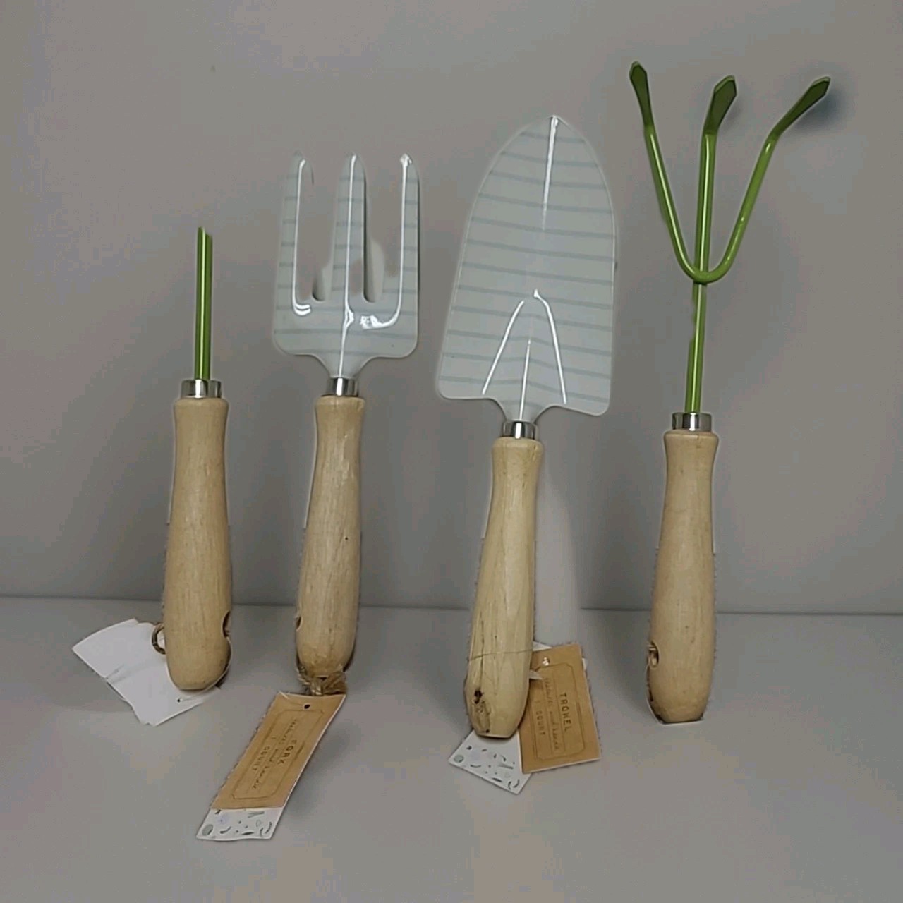Garden Tool Set (4 pc) Hand Cultivator Trowel Fork Weeder Metal w/ Wood Handles
