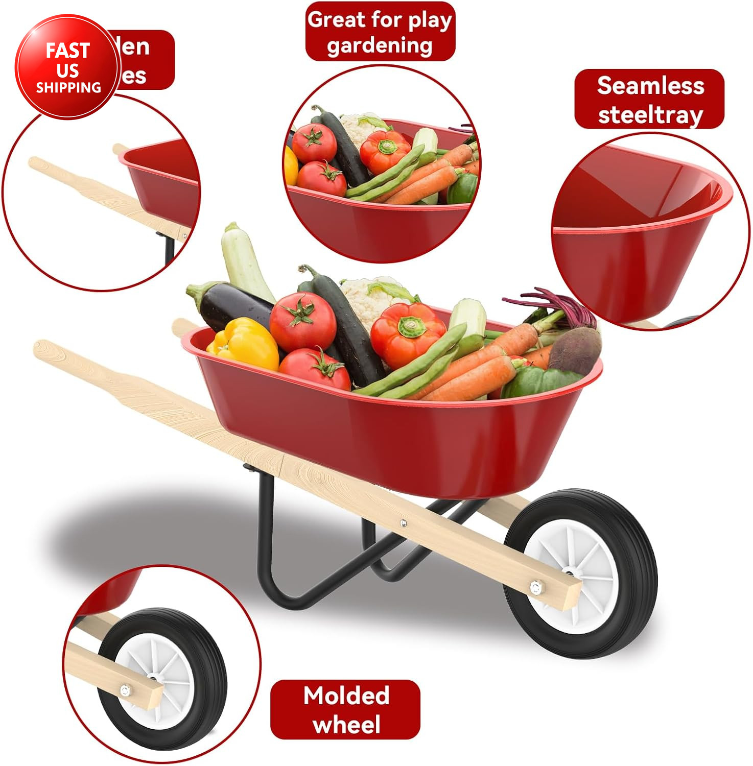 Kids Gardening Wheelbarrow Set, Metal & Wooden Garden Tools for Kids Ages 3-8, R