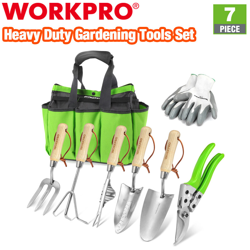 WORKPRO Garden Tool Set 7PC Stainless Steel Heavy Duty Garden Tool Wooden Handle