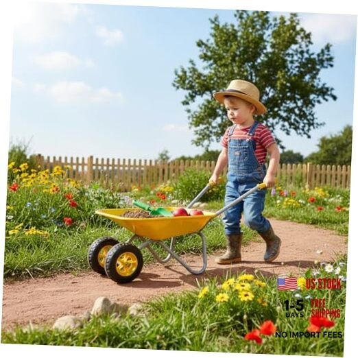 Kids Gardening Tool Set Wheelbarrow,2 Wheel Toddler Children Metal Yellow