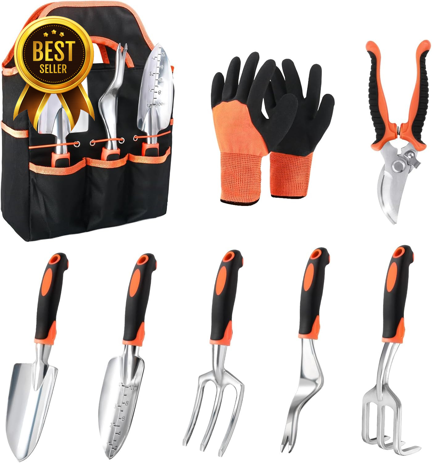 8 Piece Garden Tool Set Ergonomic Hand Tools Kit with Storage Bag Orange