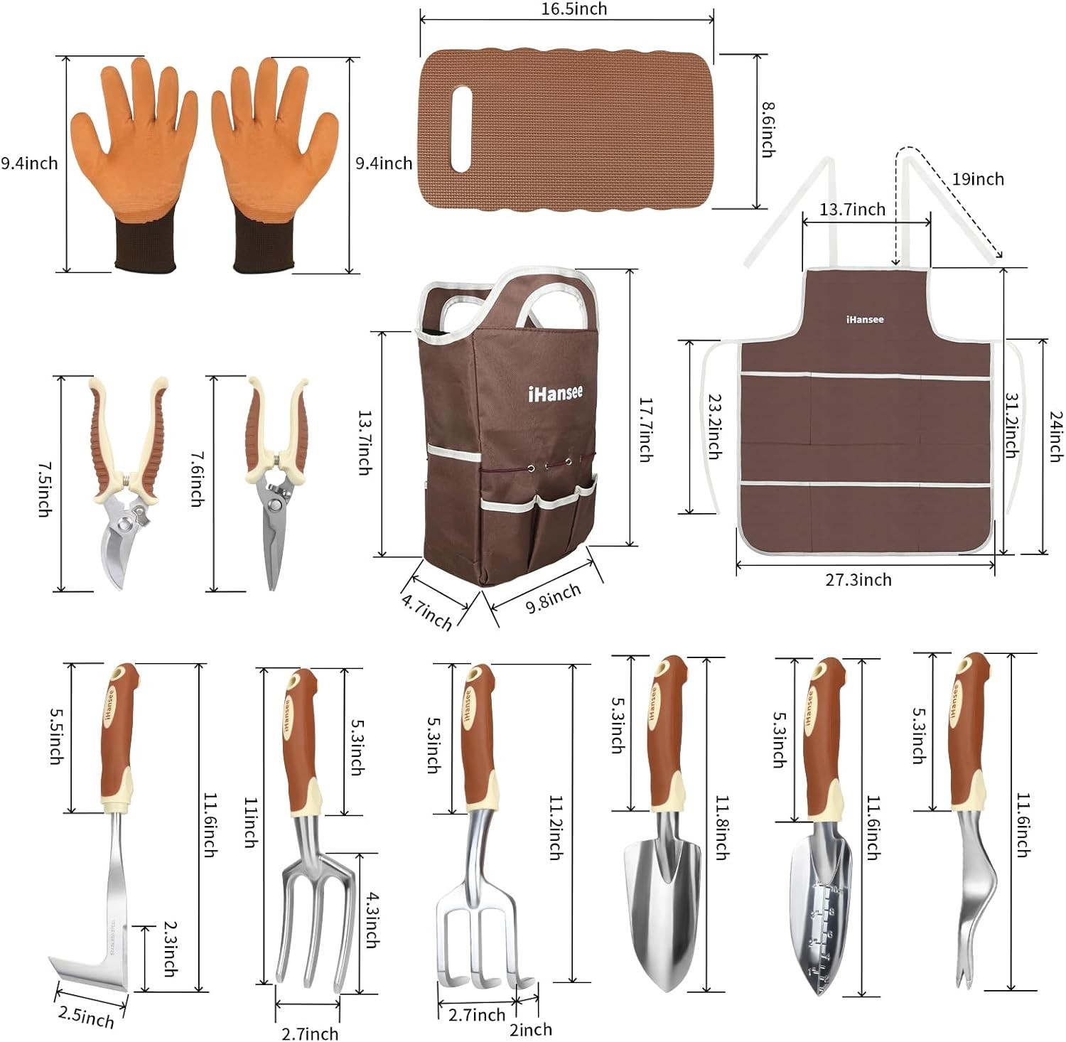 12Pcs Brown Garden Tool Set Bag Apron Gloves Gift For Plant Lovers