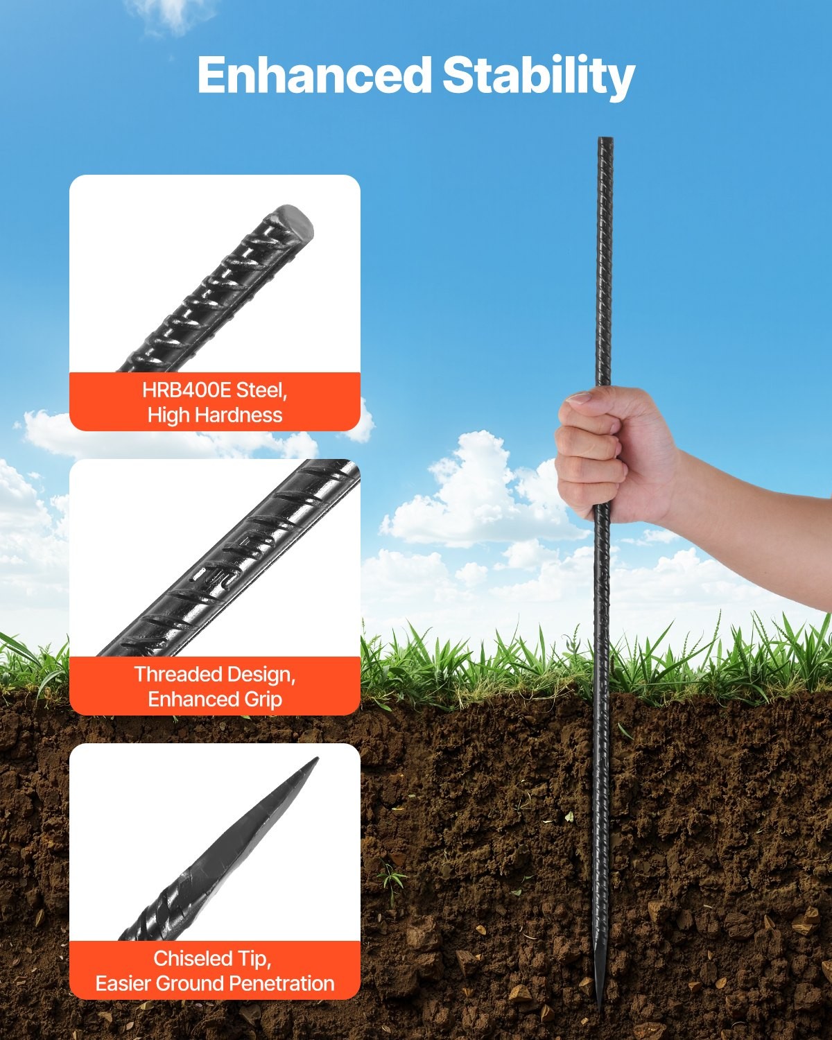 Rebar Stakes, 24-Inch, Heavy-Duty 0.47 in Diameter, Straight Galvanized Steel Gr