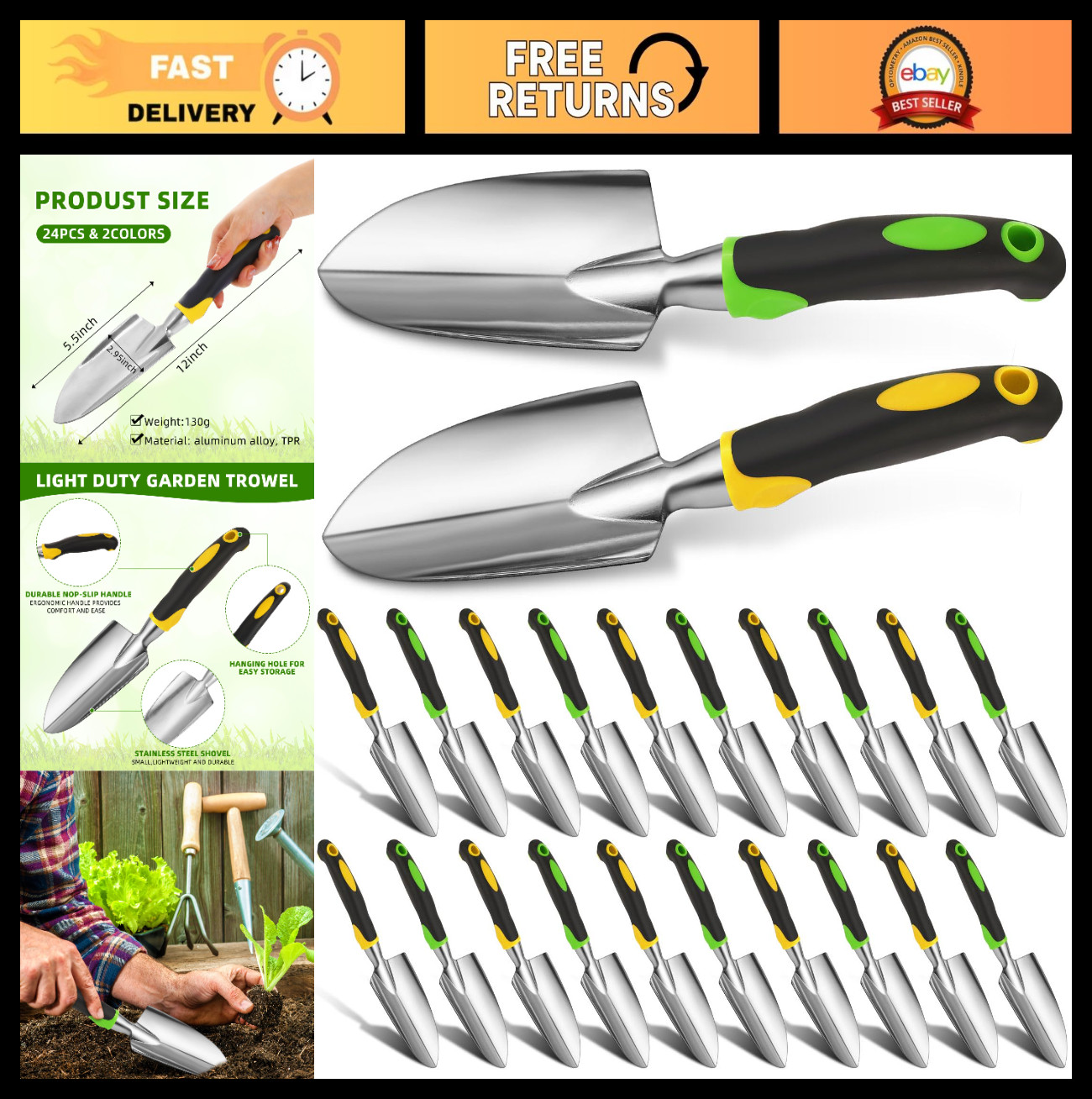Heavy Duty Aluminum Alloy Garden Shovel Trowel – Metal Hand Tool for Digging, Pl