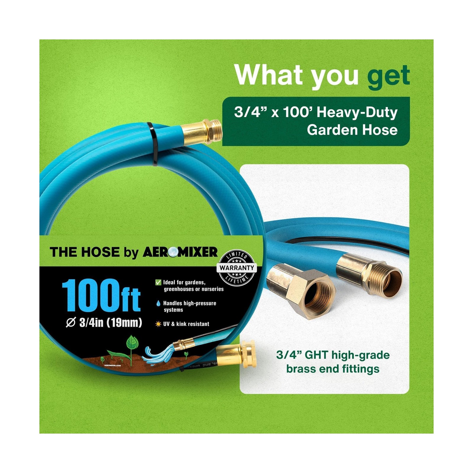 Aeromixer THE HOSE – 3/4 Inch Garden Hose 100 Ft, Kinkless Commercial Garden …
