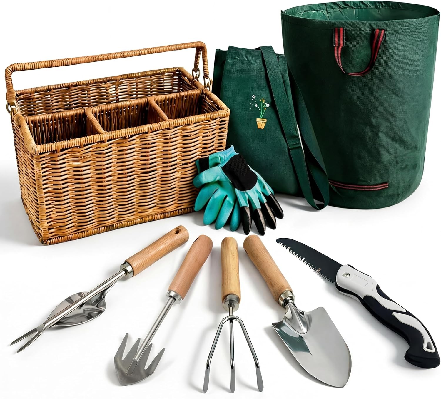 Stainless Steel Wood Handle Garden Tool Set Basket Apron Gloves Gift Men Women