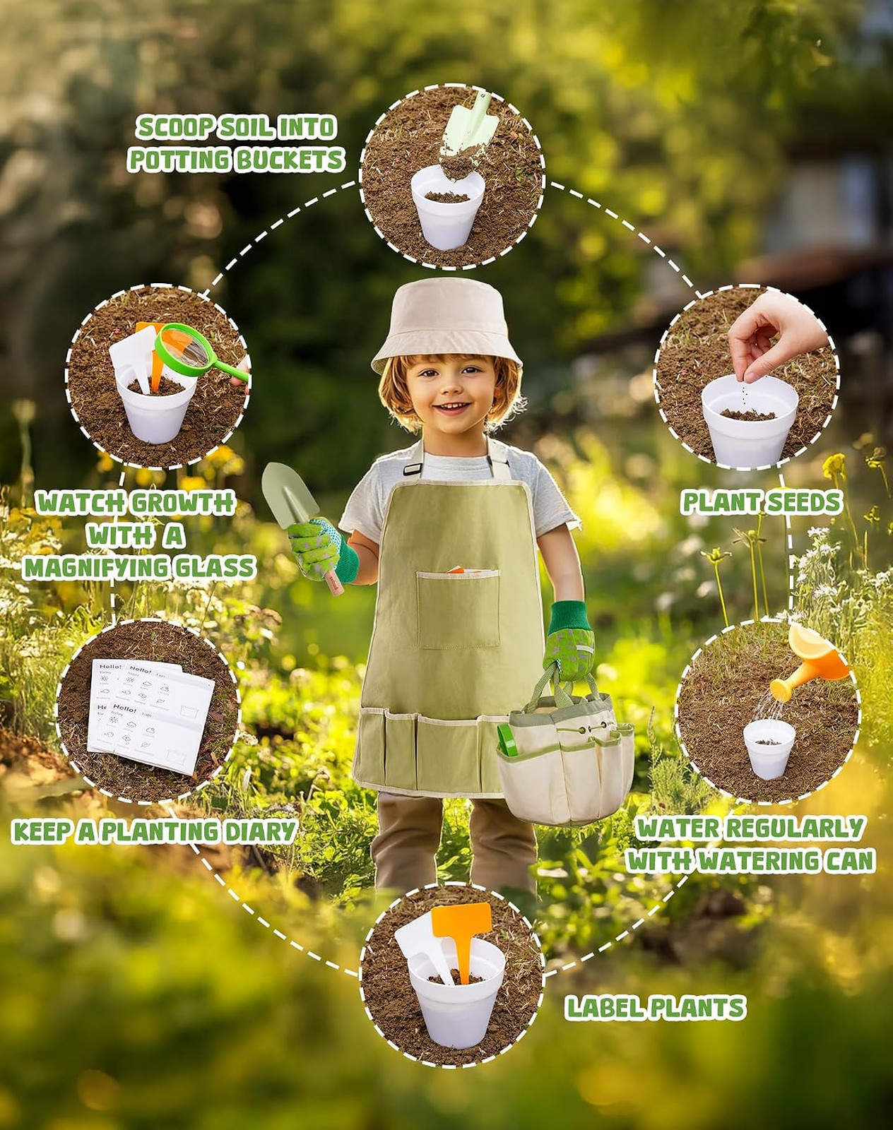 Kids Gardening Set Wooden Garden Tool Kit with Storage Bag Apron Gloves