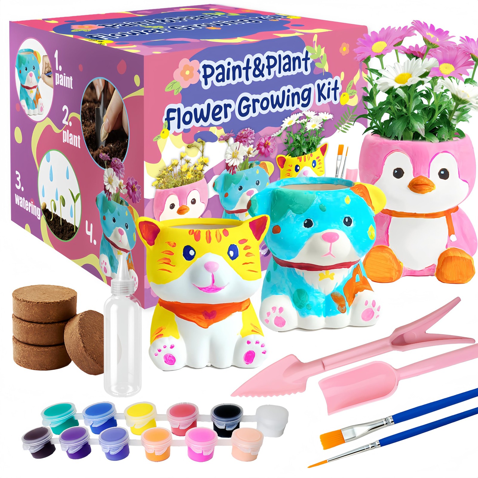 Paint & Plant Flower Growing Kit for – 4 Set DIY Animal Pattern Ceramic Paint…