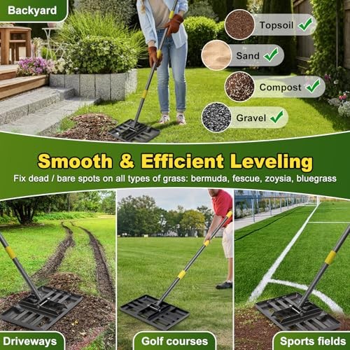 Lawn Leveling Rake: Anti Flipping 17″ x 10″ Stainless Steel Lawn Yellow – 5FT
