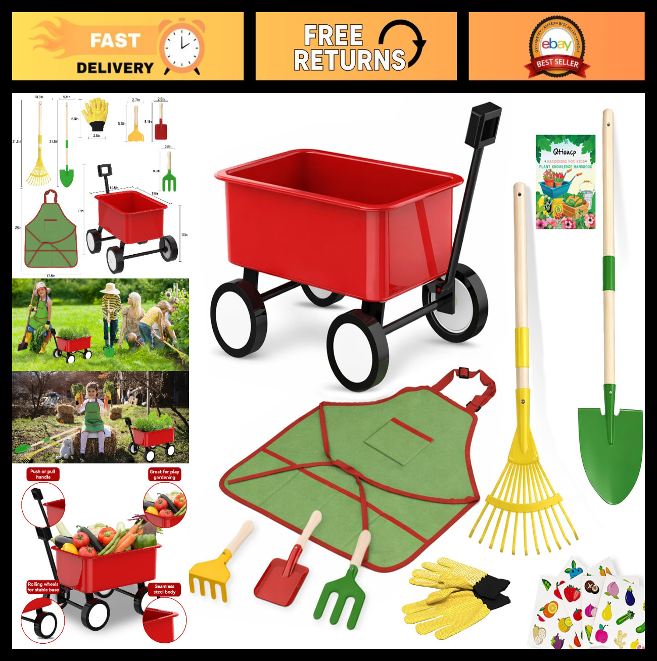 Kids Gardening Wheelbarrow Set – Metal & Wooden Tools, Gloves, Apron, STEM Guide
