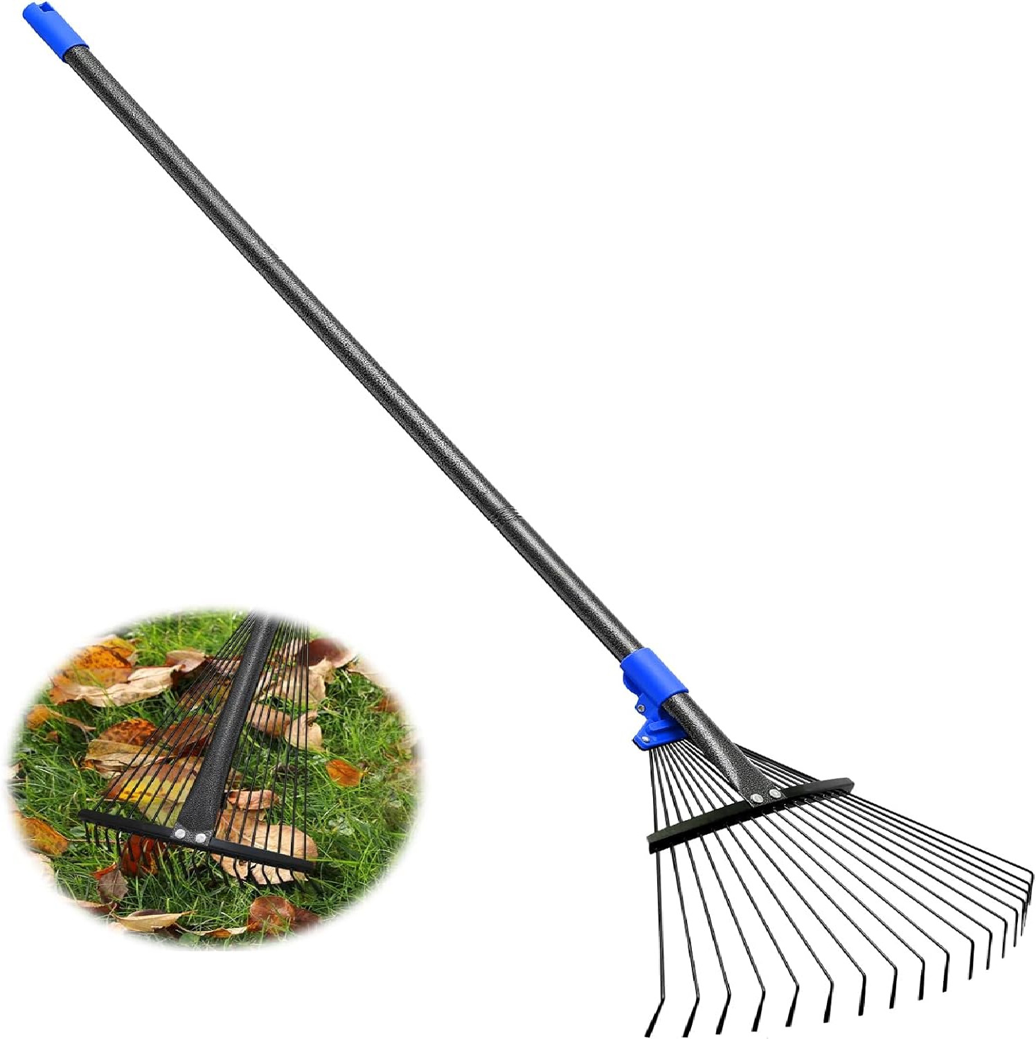 Rake for Yard Lawn Shrub tree Leaves 18 Metal Tine 9″~17″ W x 60~82″ Long handle