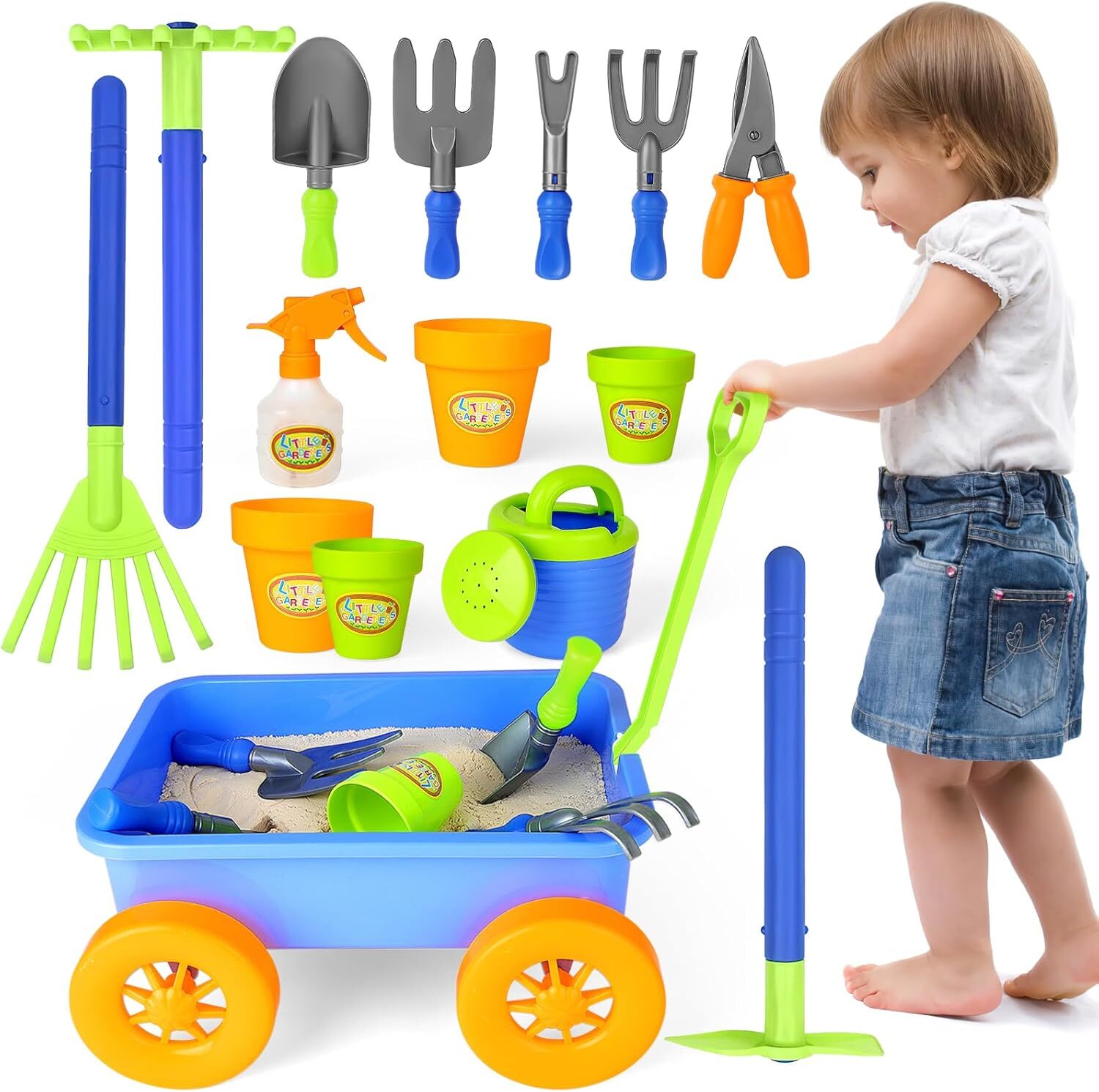 deAO Kids Garden Wagon Wheelbarrow and Gardening Tools Play Set Includes 10 A…