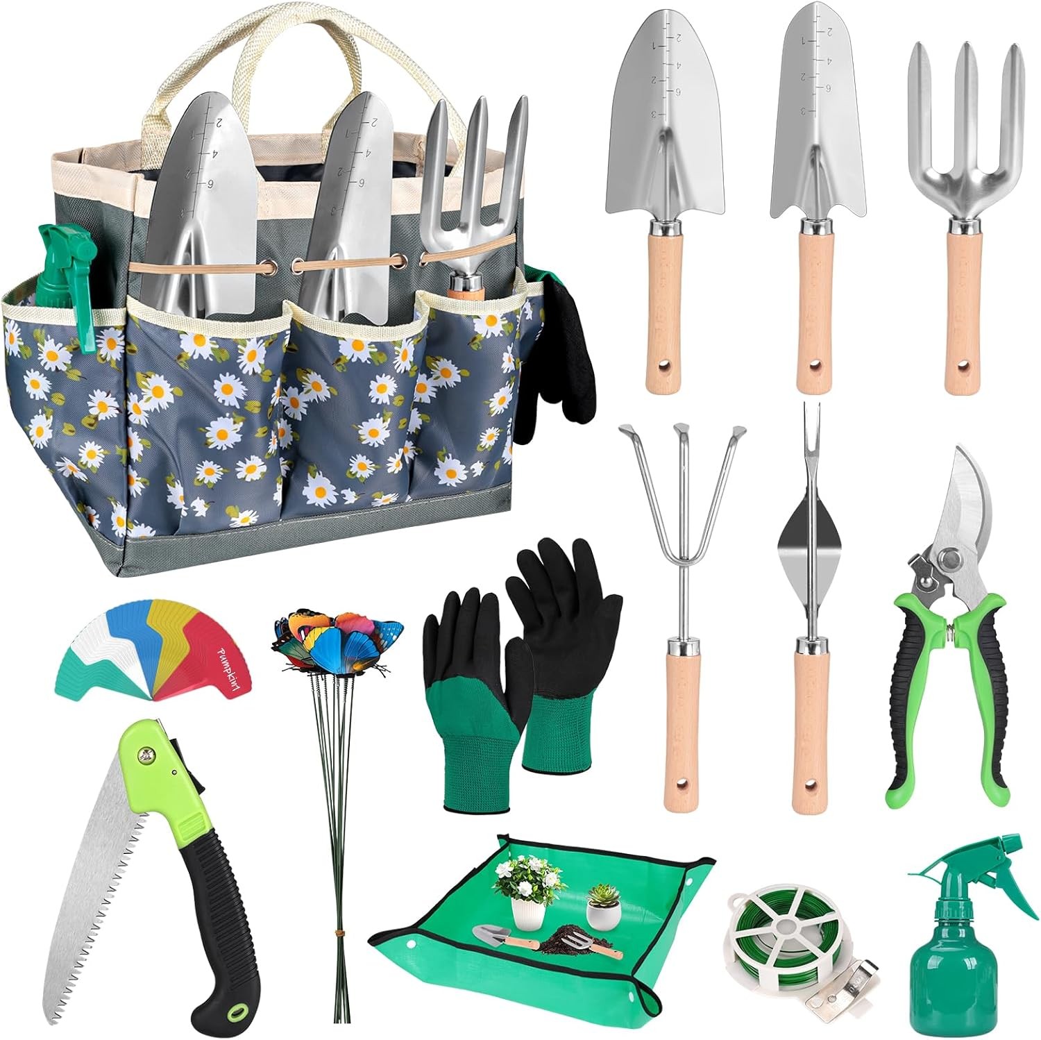 62Pcs Garden Tool Set Stainless Steel Heavy Duty Gardening Gifts with Tote Bag