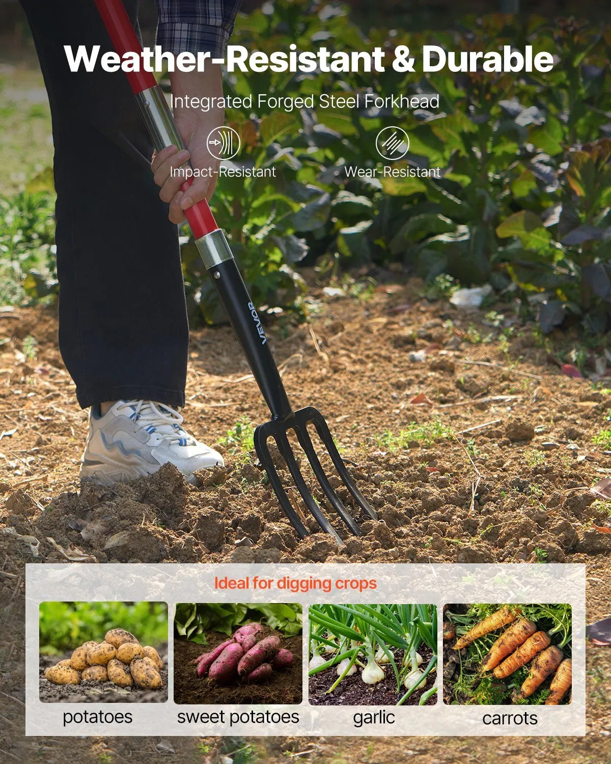 Garden Fork, 4-Tine Gardening Pitchfork with Fiberglass Handle, 45 in Heavy Duty