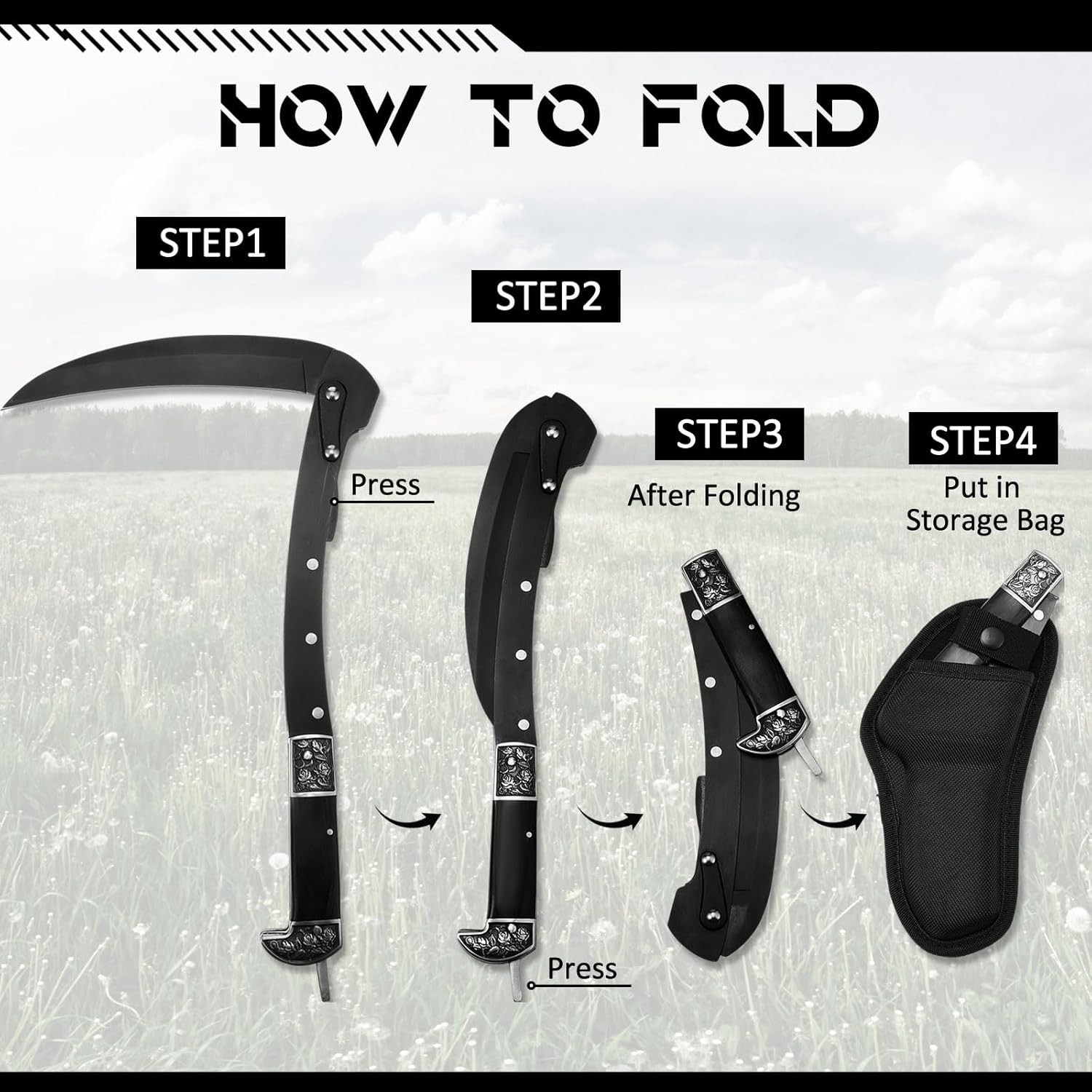 Portable Black Sharp Folding Sickle with Protective Sheath – Ideal for Gardening