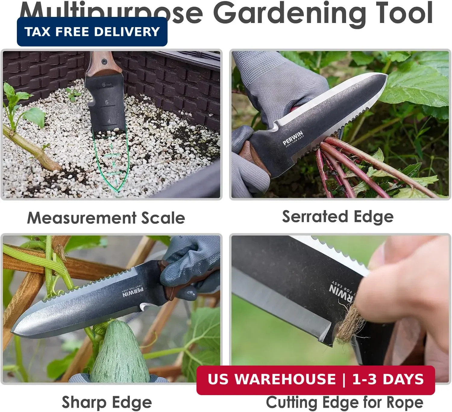 PERWIN Hori Hori Garden Knife, Garden Tools with Sheath for Weeding, Planting, D
