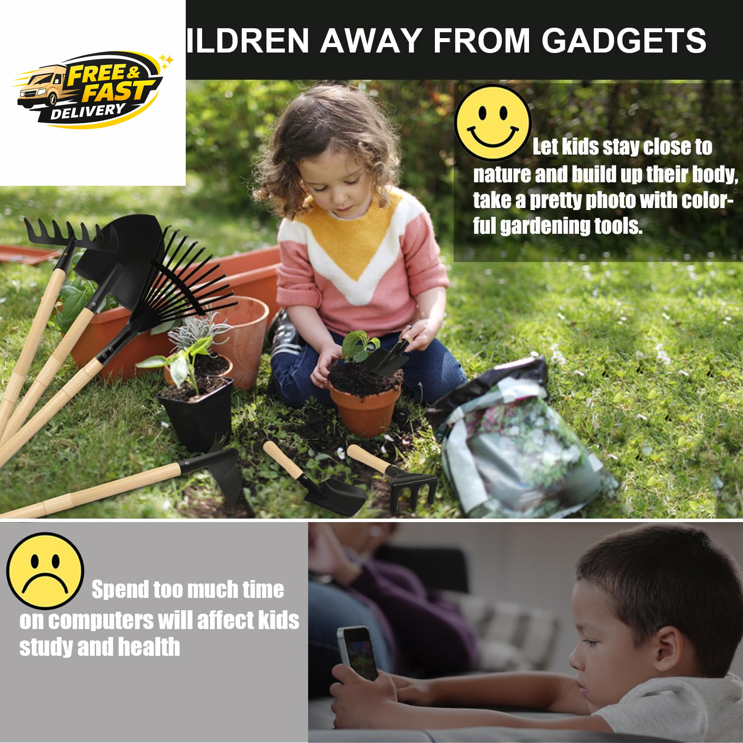Kids Rake and Shovel Sets, 7PCS Child Metal Gardening Tools for Real Digging-Gre