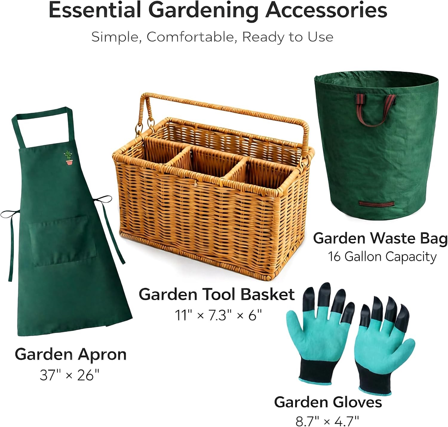 Wood Steel Garden Tool Set with Basket Apron Gloves Waste Bag