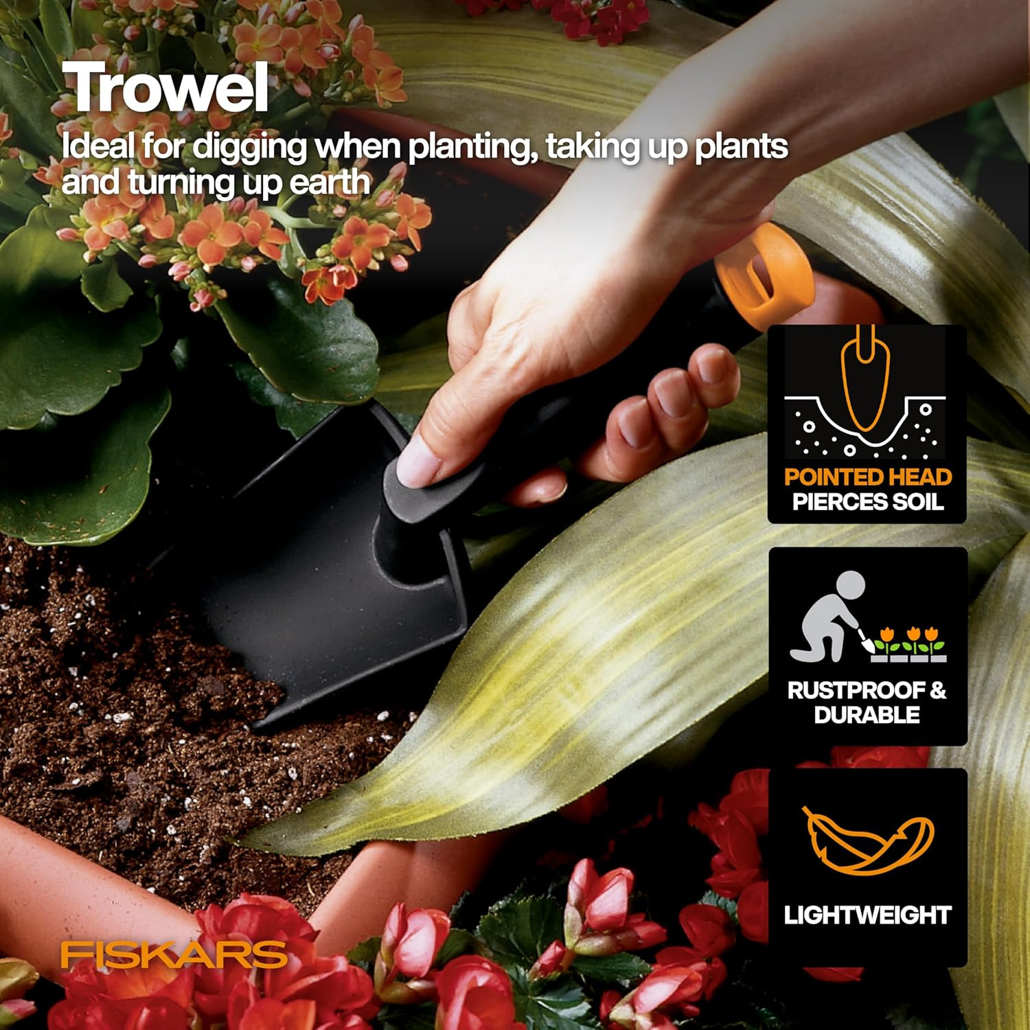 Fiskars 5-Piece Flower Gardening Essentials Set, Floral Pruner, Trowel, Cultivat