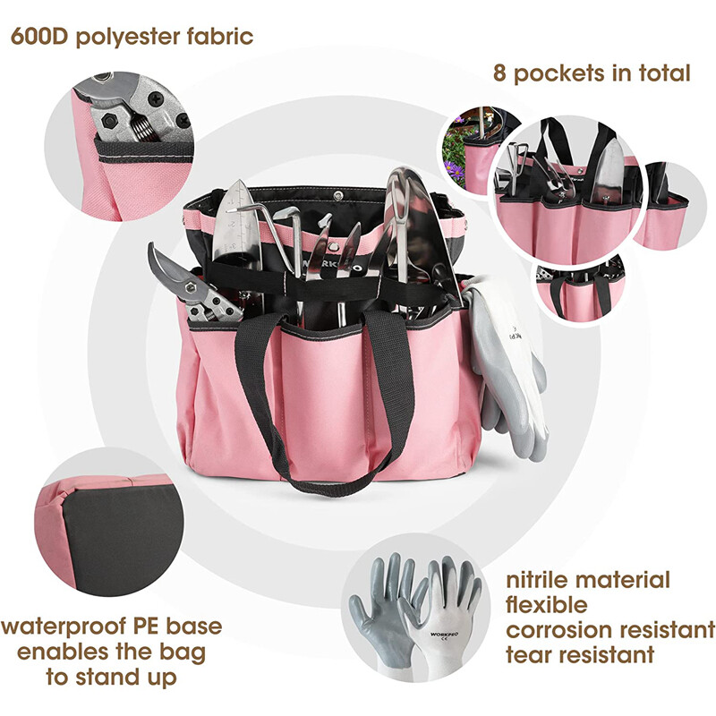 WORKPRO Pink Garden Tool Set 7PC Stainless Steel Heavy Duty Tool w/Wooden Handle