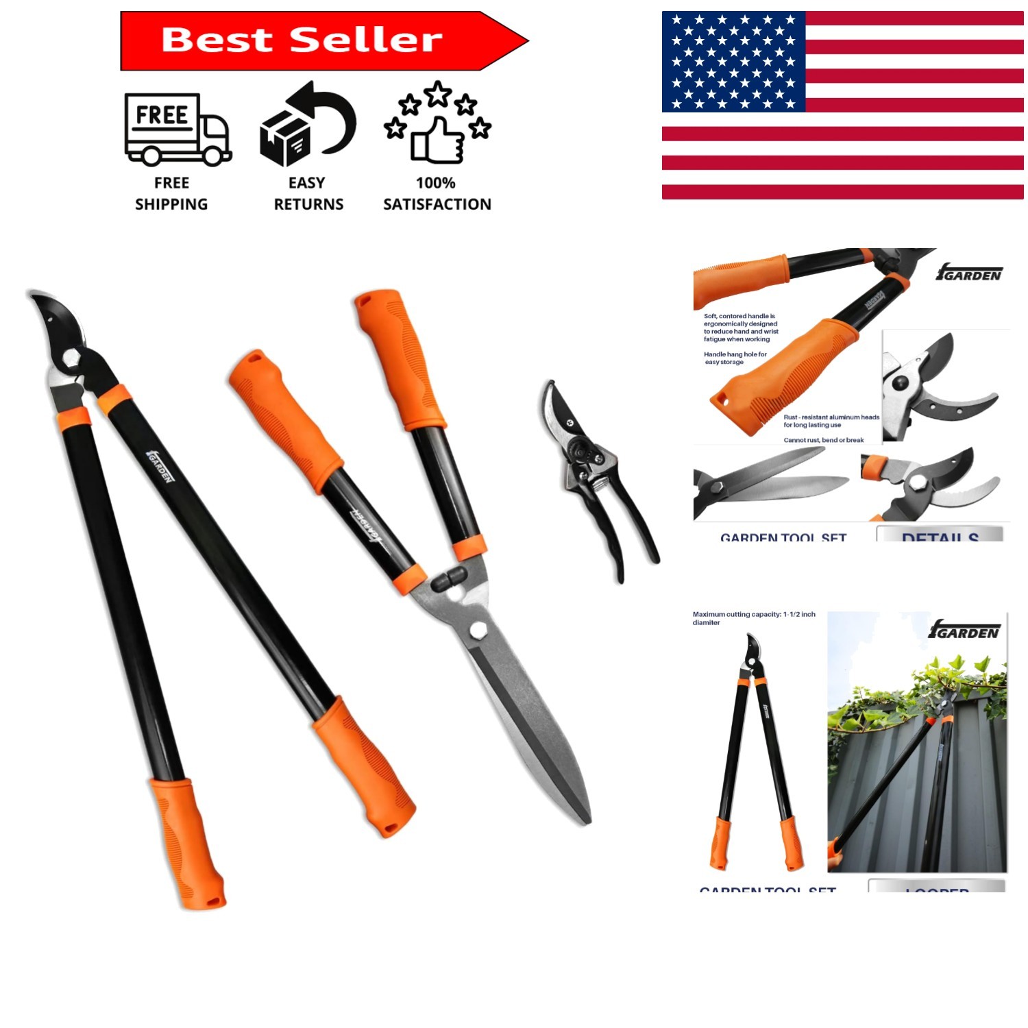 Ergonomic 3-Piece Garden Kit: High Carbon Steel Lopper & Shears for Pruning
