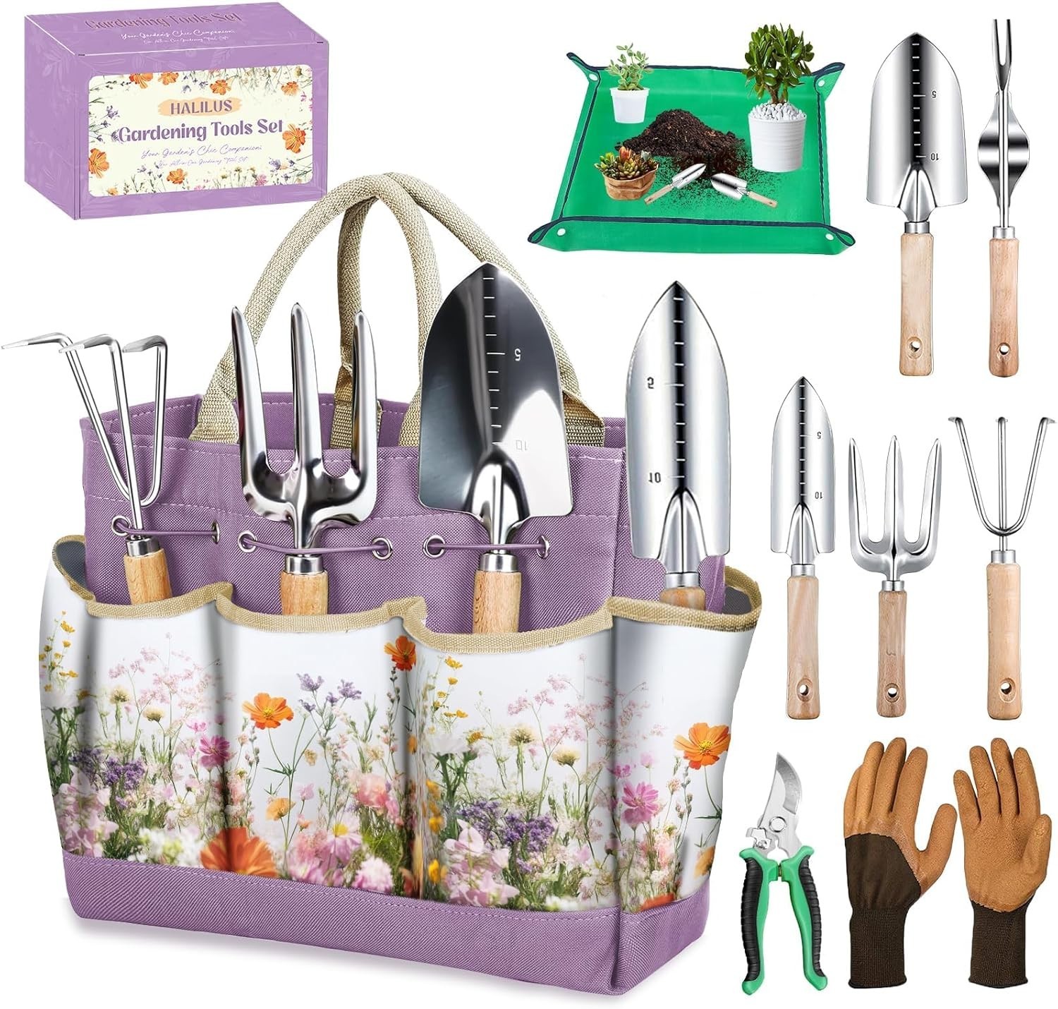 Elegant 9-Piece Stainless Steel Gardening Tool Set with Floral Tote Bag