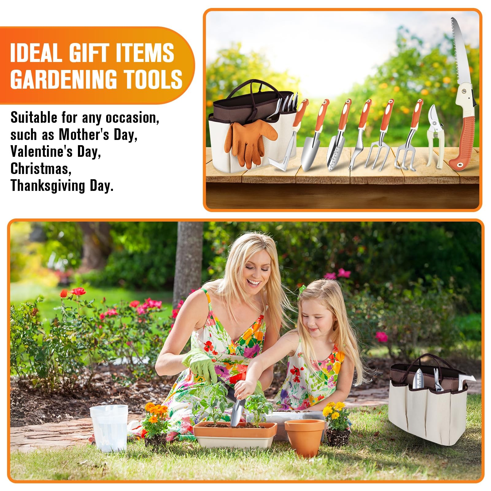10 PCS Stainless Steel Heavy Duty Garden Tool Set with Storage Bag Kit
