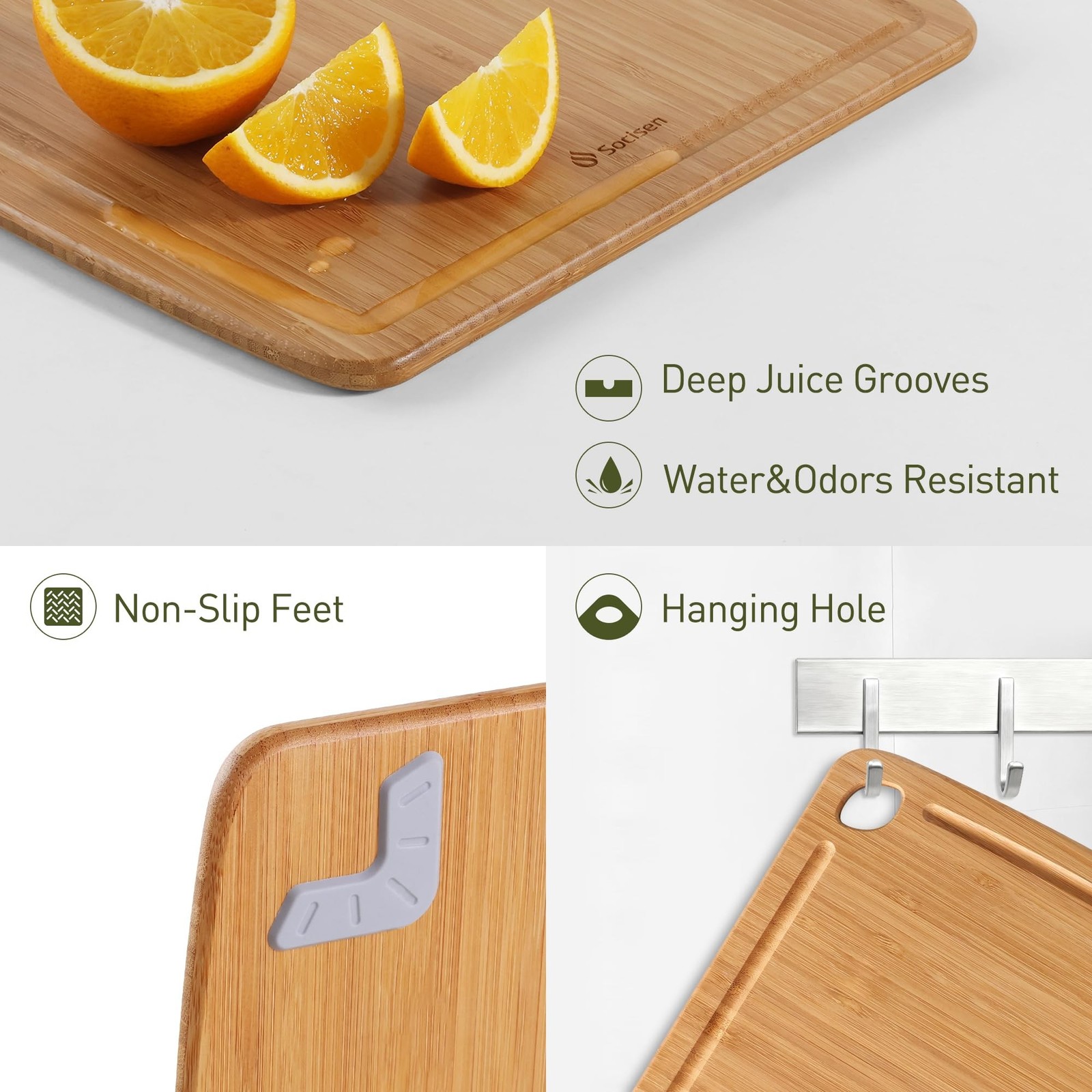 Lightweight Durable Bamboo Cutting Board with Non-Slip Feet, Non Toxic Wooden…