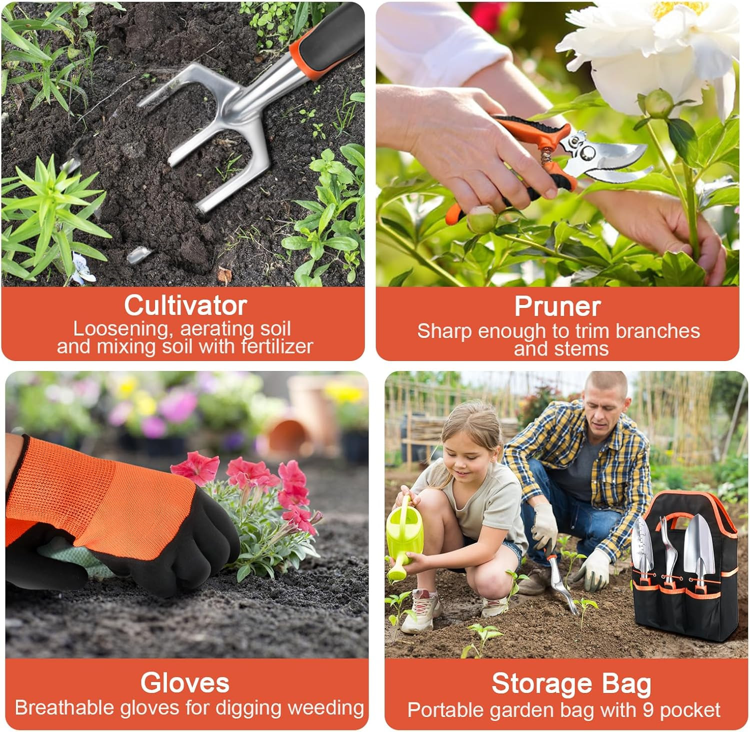 Garden Tools Set, 8 Piece Gardening Tools Set with Non Slip Ergonomic Handle, He