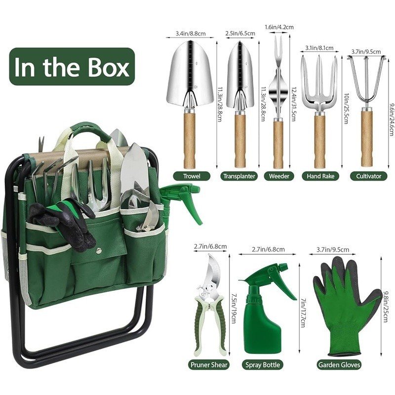 10 Piece Garden Tool Set Stainless Steel W/ Folding Stool & Storage Tote Green