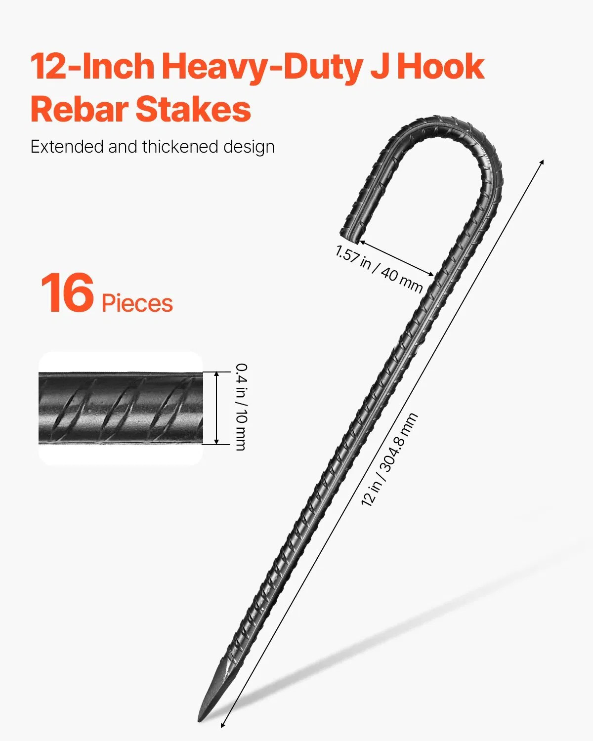 Rebar Stakes, 12-Inch, Heavy-Duty 0.4 in Diameter J Hook, Galvanized Steel Grou