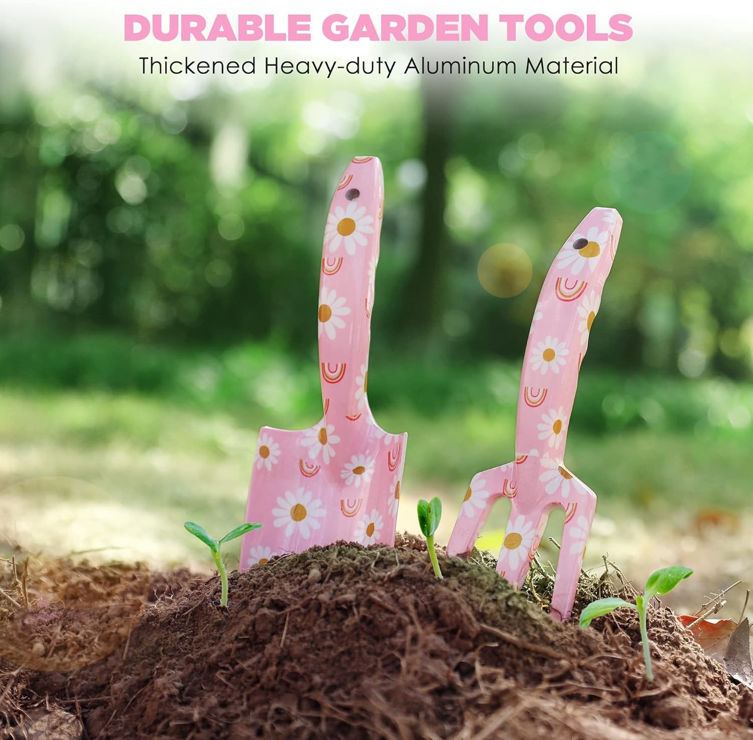 Pink Garden Tool Set 4PCS with Box, Trowel Rake Pruner Gloves