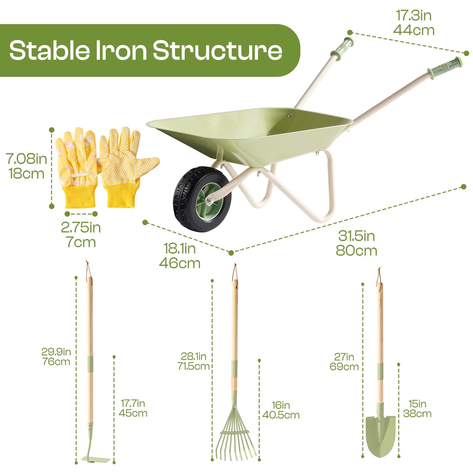 ROBUD Kids Wheelbarrow Set, Green Metal Toddler Wheelbarrow with Shovel, Hoe,…