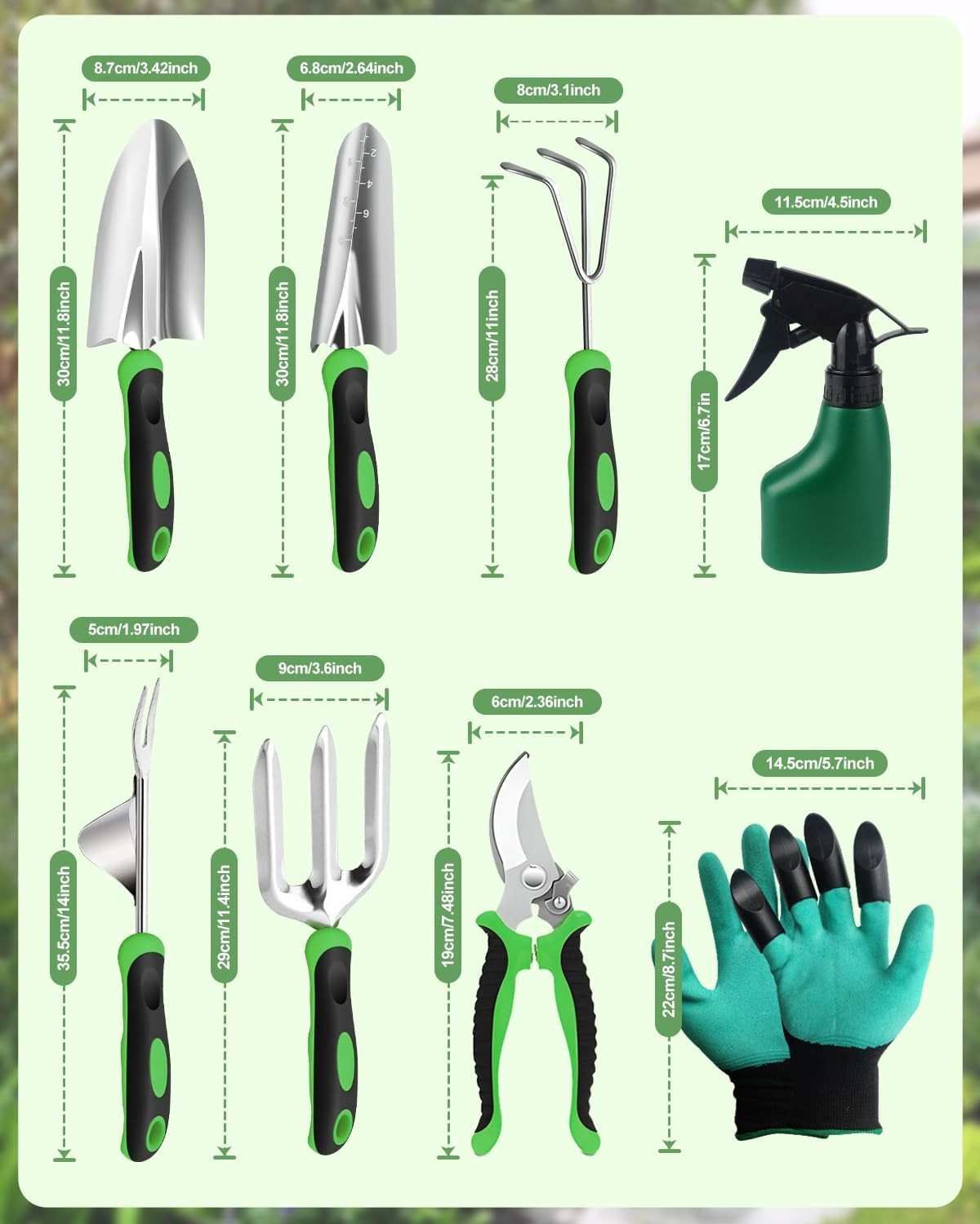 Garden Tools Set, 8 in 1 Heavy Duty Garden Tools Kit, Stainless Steel Ergonomic