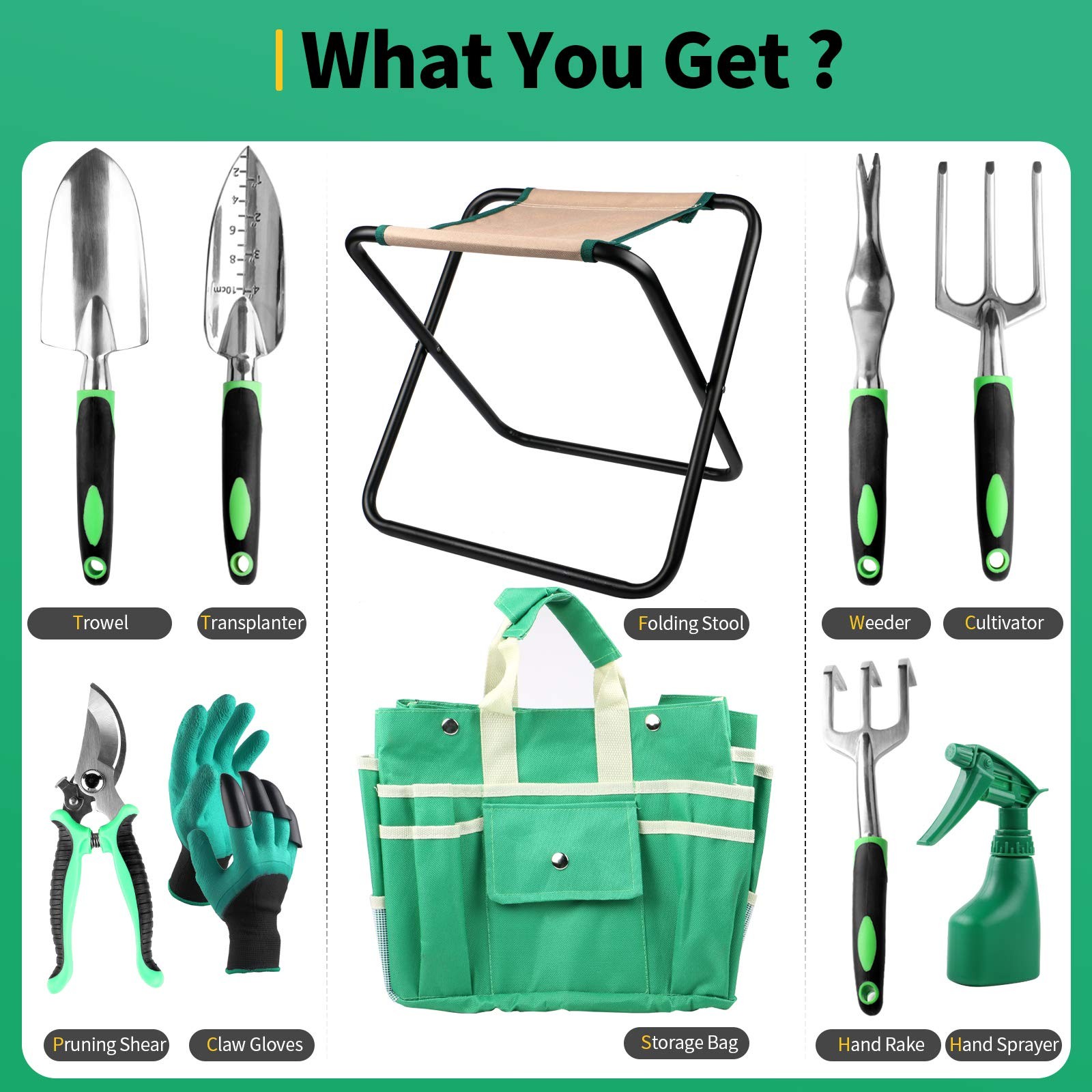 9 PCS All-in-Garden Tools Set, Heavy-Duty Cast-Aluminum Gardening Kit with Fo…