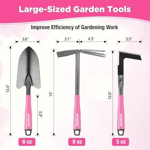 6-Piece Garden Tool Set—Heavy Duty Hand Tools—Soft Rubber Pink