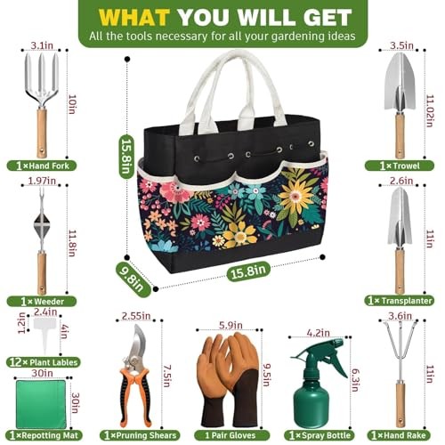 22Pcs Gardening Tools Set for Women Heavy Duty Garden Hand Tool Kit Black
