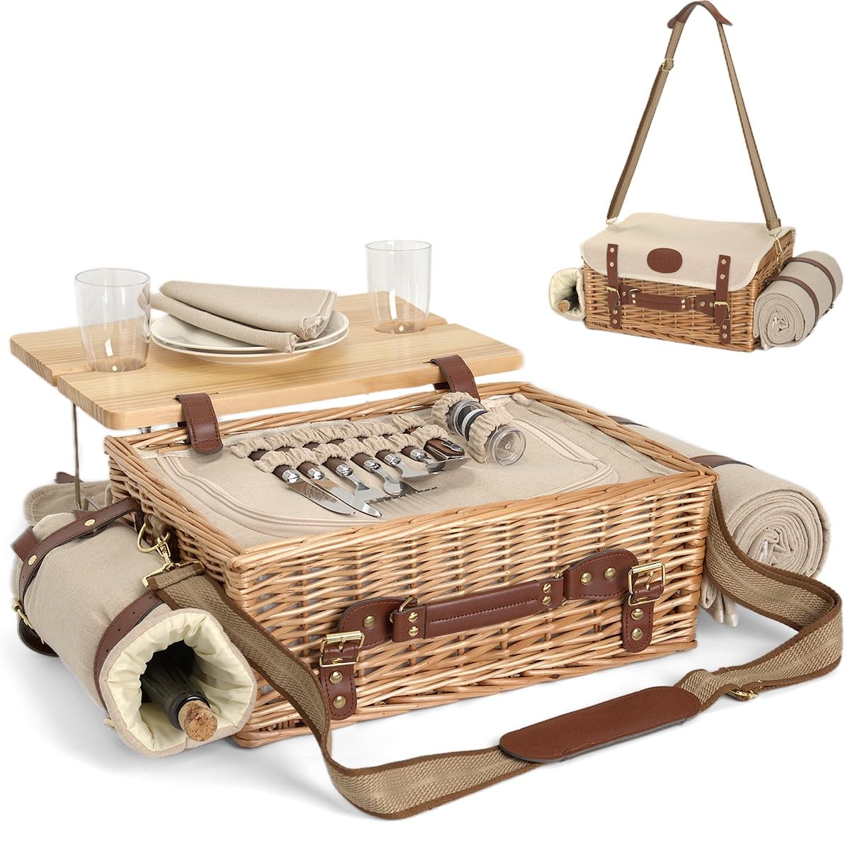 Multifunctional Wicker 15.7″ x 11.8″ x 7″, Natural With Blanket &Table for 2