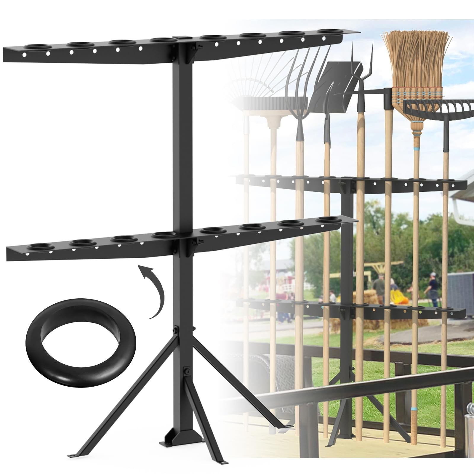 Utility Trailer Tool Rack with 8 Rubber Holes with Brackets, Standard Black