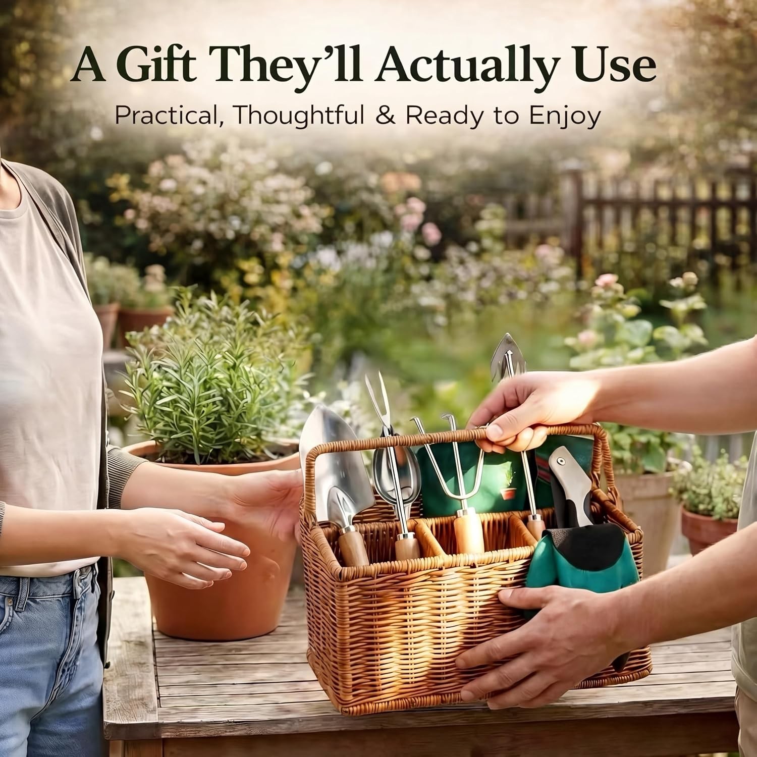 Wood Steel Garden Tool Set with Basket Apron Gloves Waste Bag