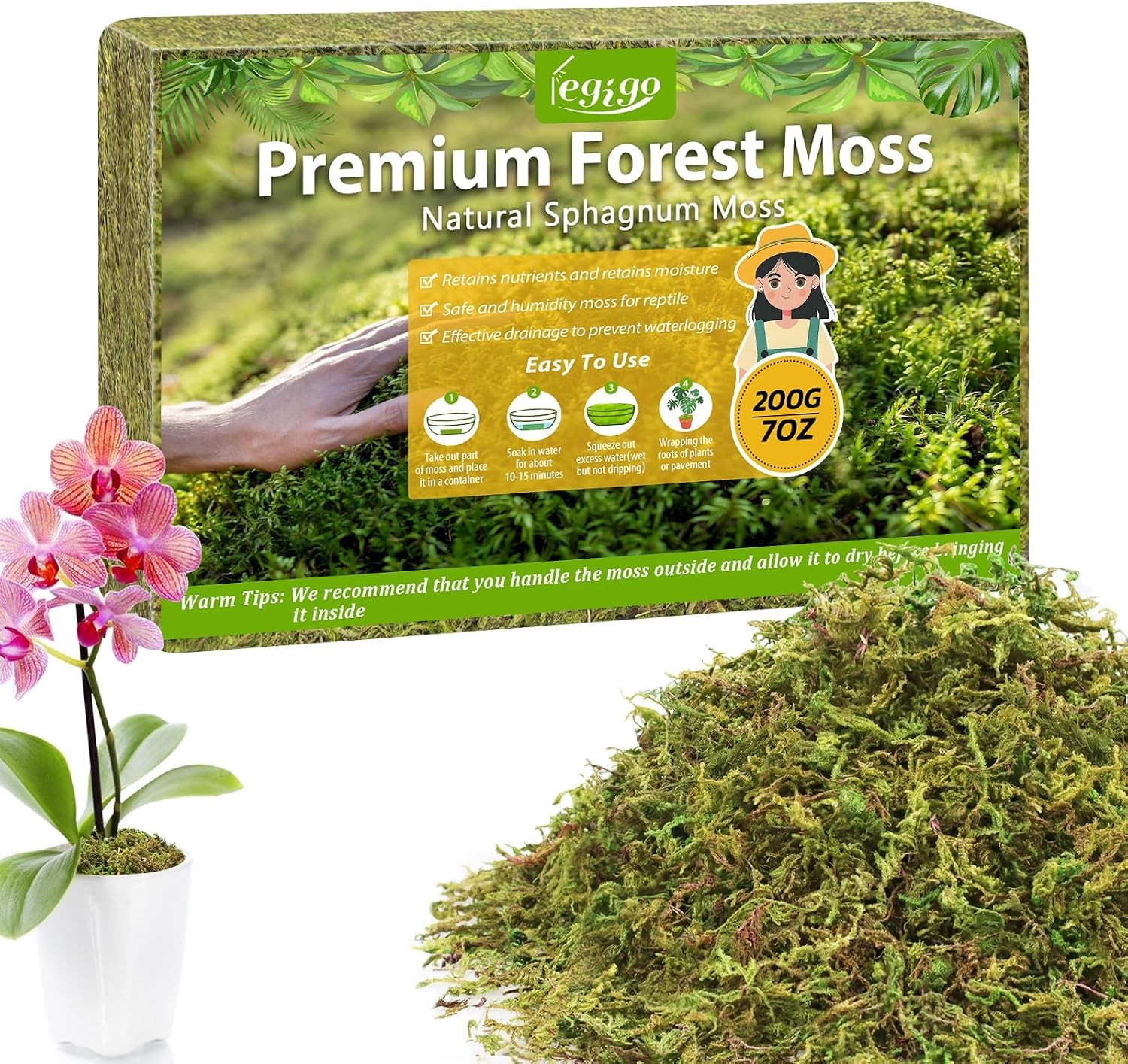 Legigo 7OZ Natural Sphagnum Moss for Orchids Succulents Plants Reptile Bedding