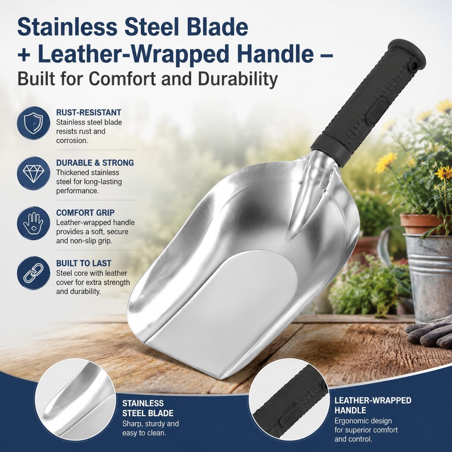 Garden Hand Shovel Stainless Steel 11.8″ x 4.5″ Scoop