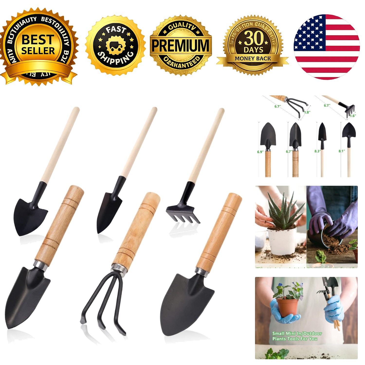 Garden Tool Set 6 Pieces Iron Hand Shovel Transplant Shovel Hand Rake Wood
