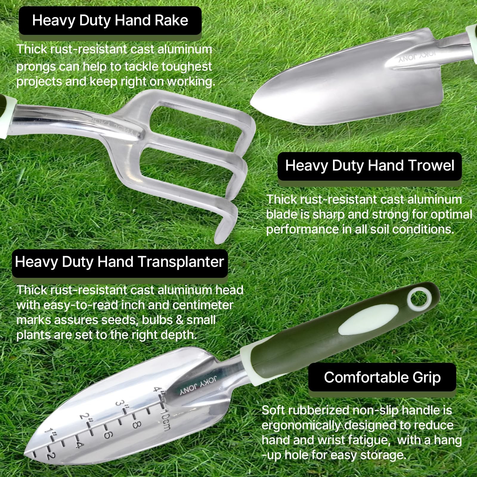 3 PCS Heavy Duty Aluminum Garden Tool Set Trowel Hand Shovel Rake Transplanter